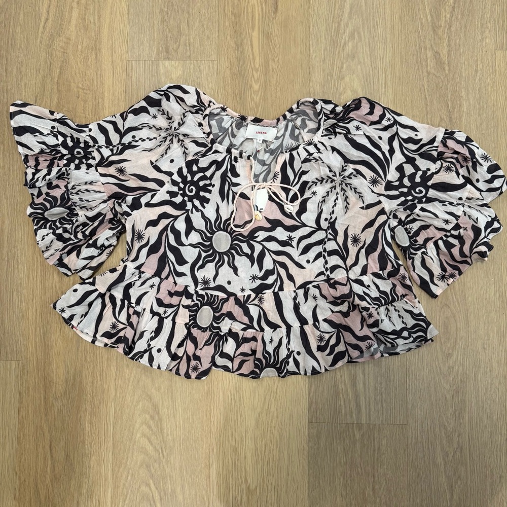 XiRENA Pink and Black Printed Ruffle Blouse - Picture 2 of 4